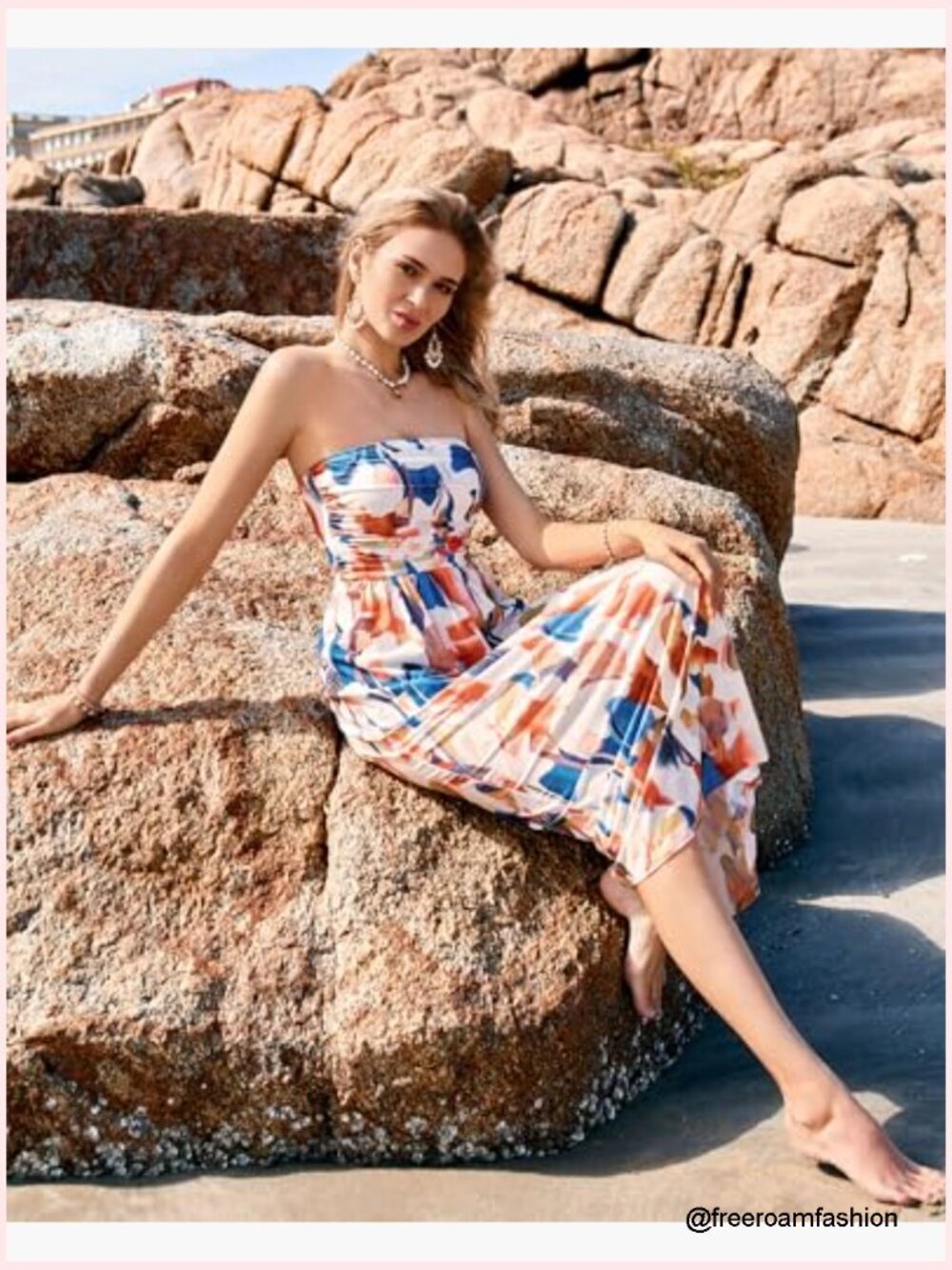Strapless Ruched Maxi Dress with Pockets Elastic High Waist Flowy - Picture 6 of 6